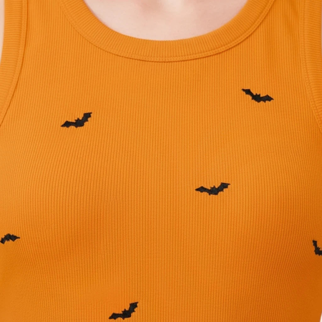 Wicked Thread Society orange ribbed tank top featuring small black embroidered bat patterns for a spooky aesthetic.