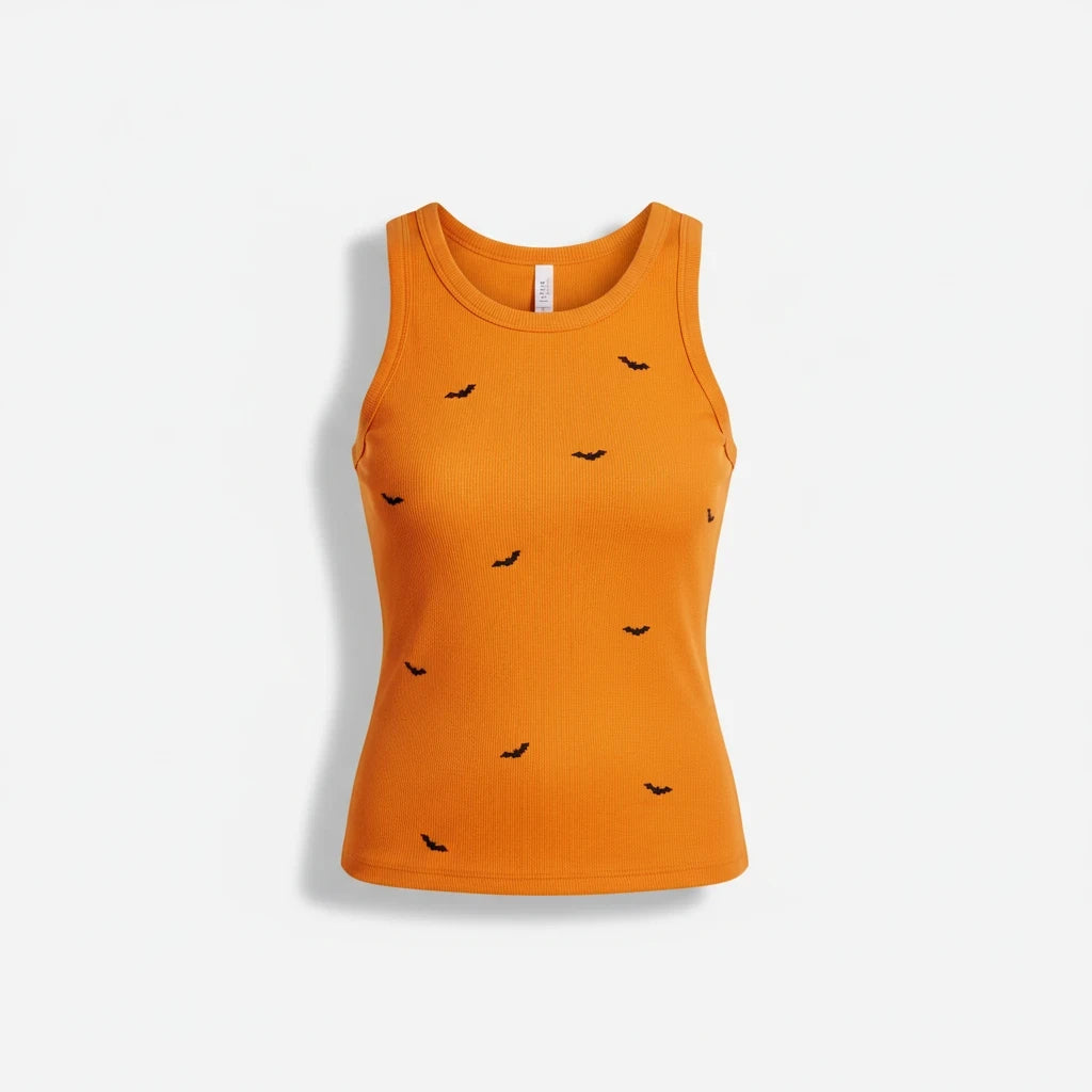 Wicked Thread Society orange ribbed tank top featuring small black bat embroidery for a spooky Halloween style.