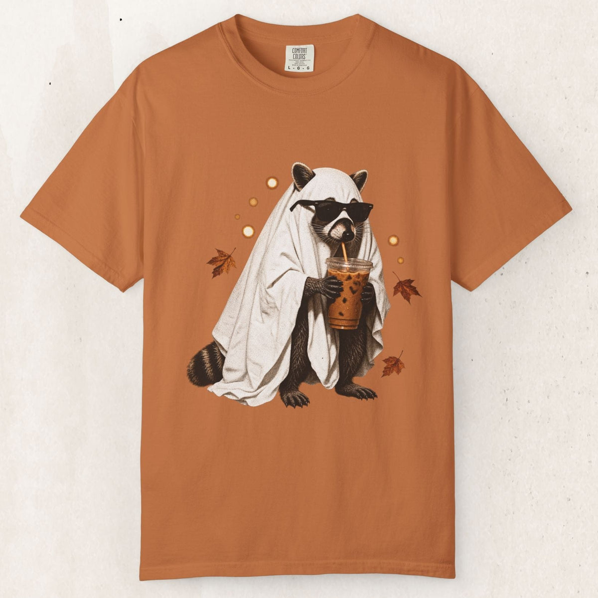 Ghost Raccoon Iced Coffee Tee – Funny Halloween Graphic Shirt – Yam