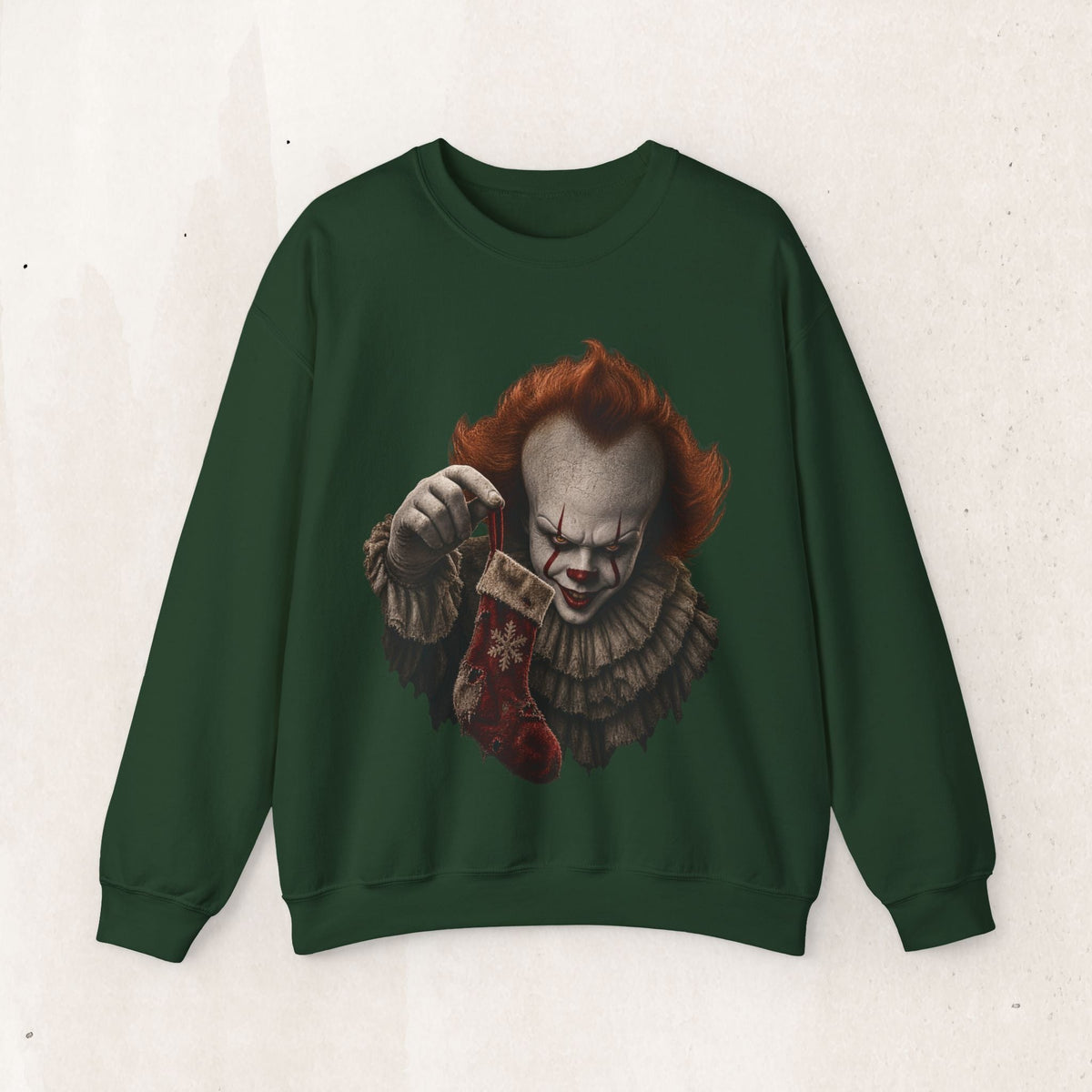 Wicked Thread Society dark green crewneck sweatshirt featuring a detailed graphic of Pennywise holding a stocking.