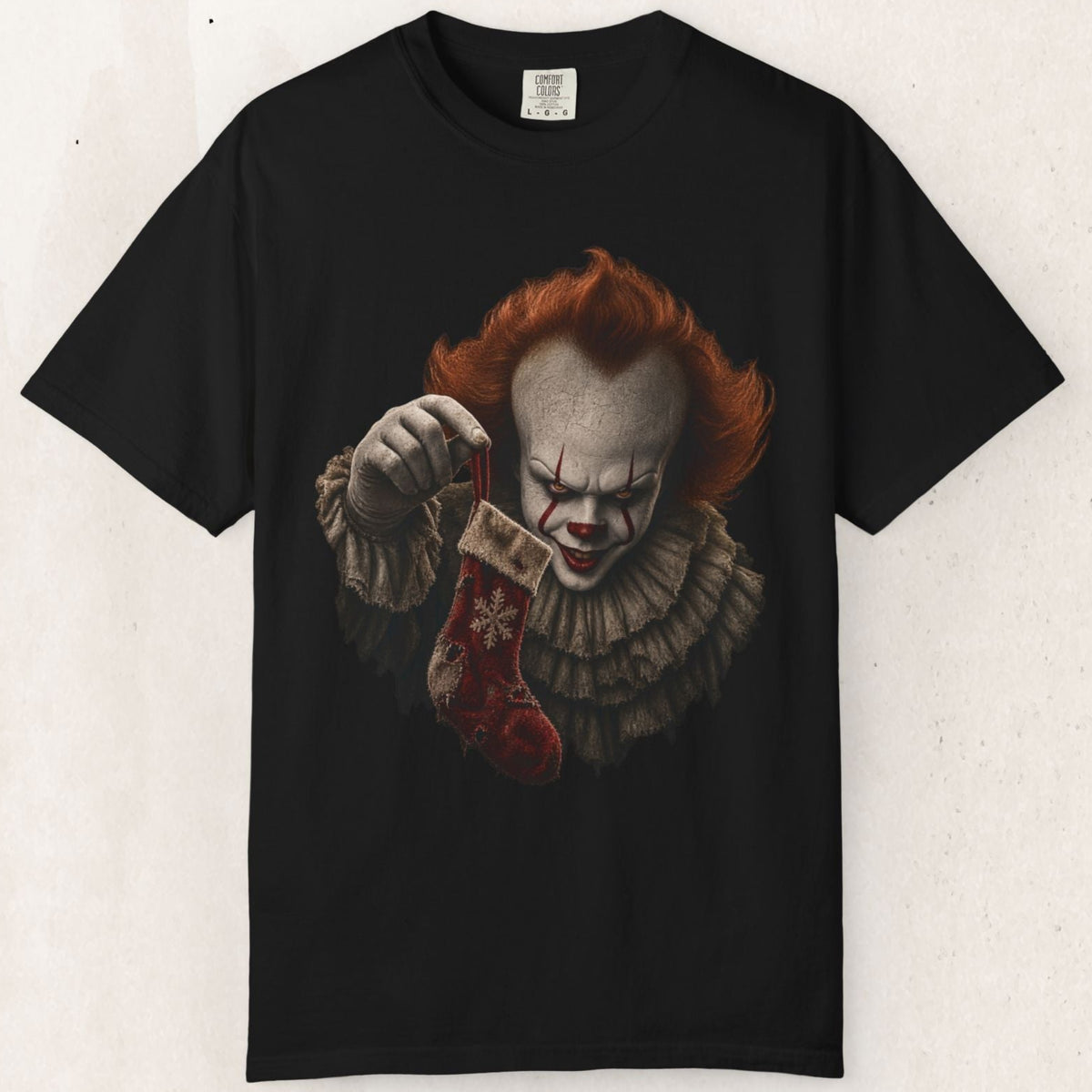 Wicked Thread Society black heavyweight cotton t-shirt featuring a detailed Pennywise clown holding a Christmas stocking.