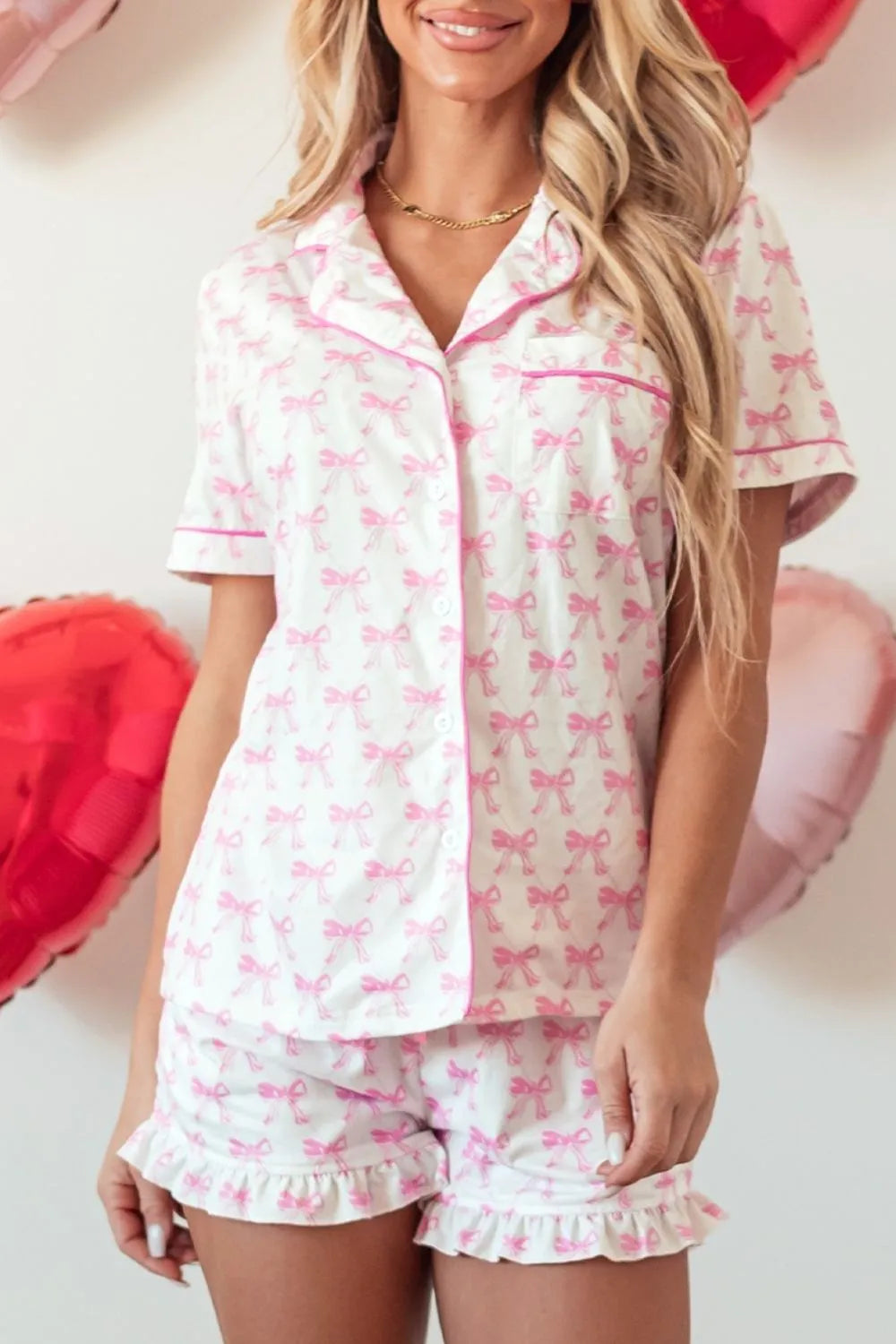 Wicked Thread Society lounge set featuring a white button-down shirt and ruffled shorts with a pink bow print.