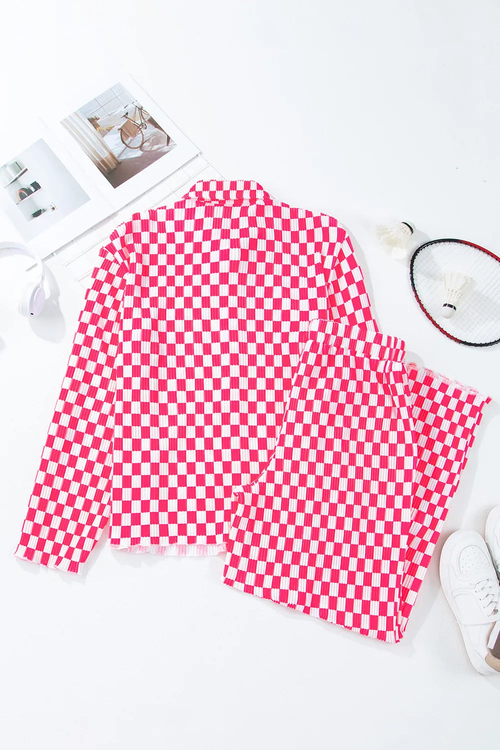 Wicked Thread Society pink and white checkered pleated lounge set with button-up top and matching trousers
