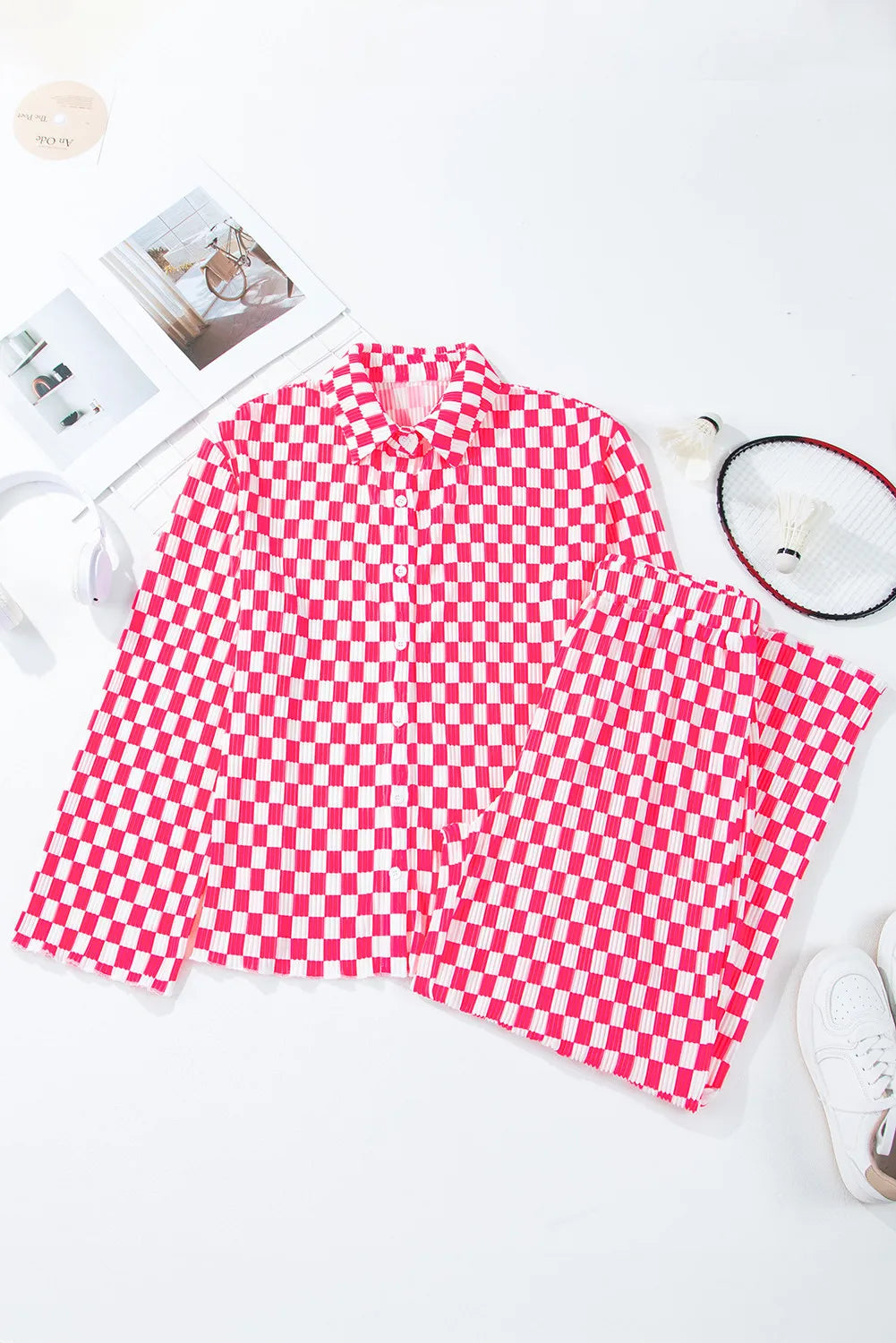 Wicked Thread Society pink and white checkered pleated button-up lounge set with matching trousers on white background