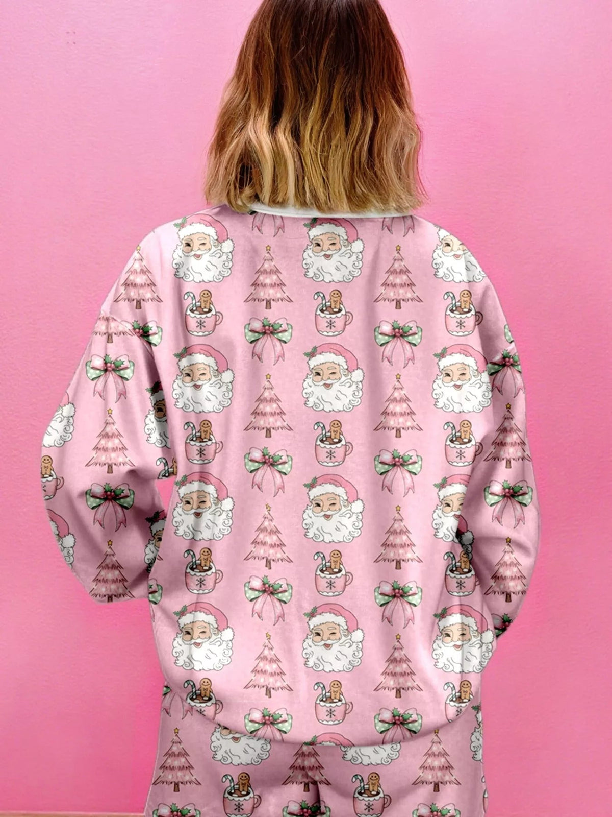 Wicked Thread Society pink Christmas lounge set with Santa, gingerbread man, and tree print on a round neck top