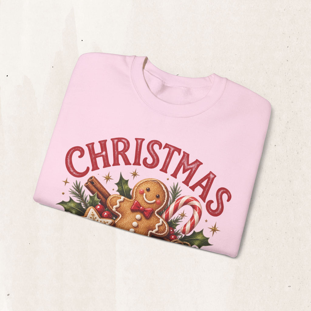 Wicked Thread Society light pink crewneck sweatshirt featuring a gingerbread man, candy cane, and Christmas graphic.