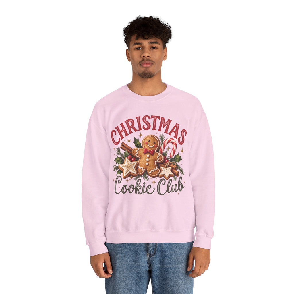 Wicked Thread Society light pink crewneck sweatshirt featuring a gingerbread man graphic with holiday decorations.