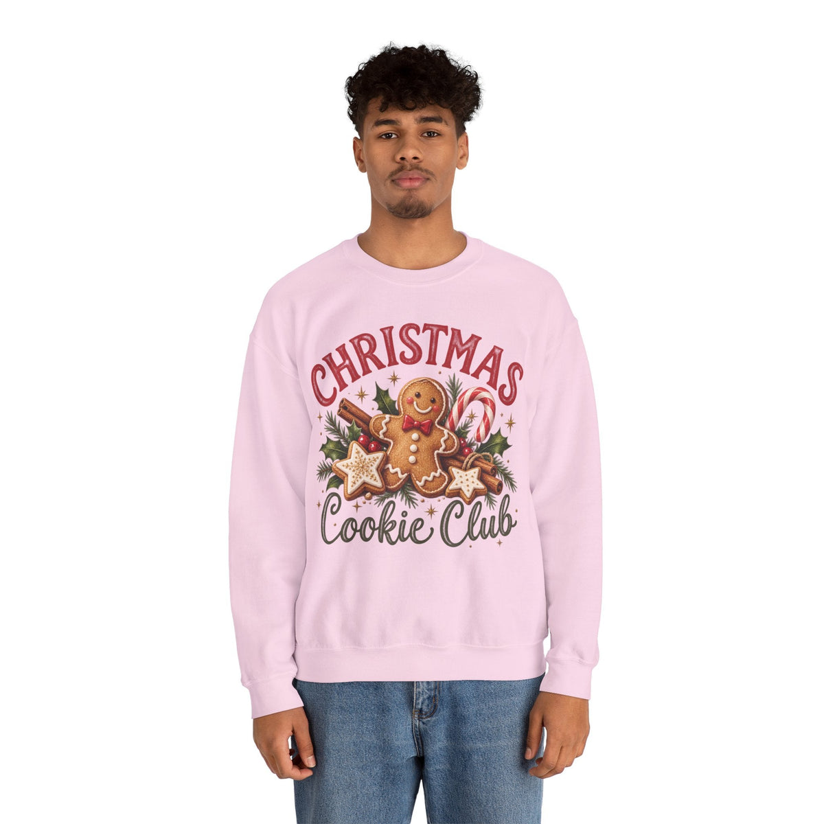 Wicked Thread Society light pink crewneck sweatshirt featuring a gingerbread man graphic with holiday decorations.