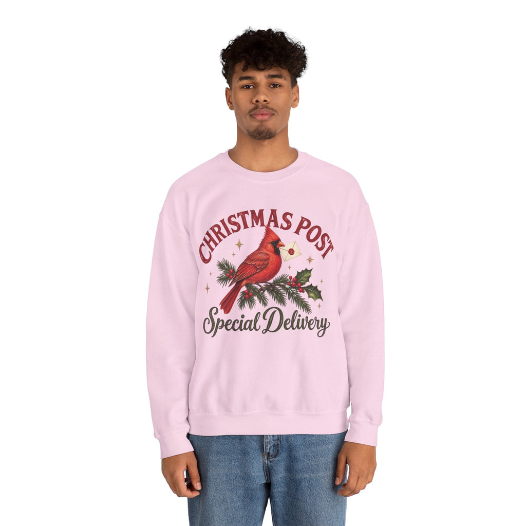 Wicked Thread Society light pink crewneck sweatshirt featuring a cardinal bird illustration and Christmas text.