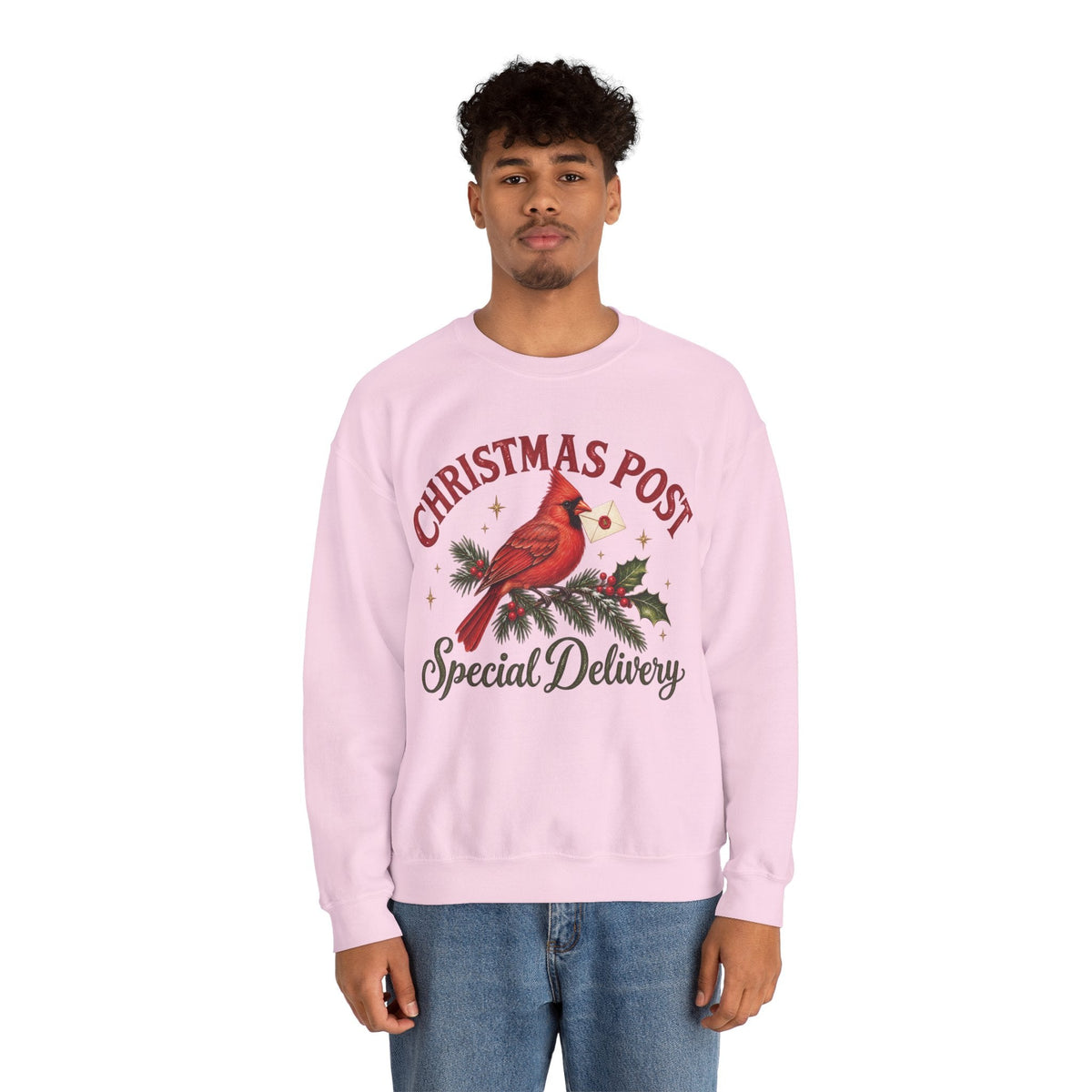Wicked Thread Society light pink crewneck sweatshirt featuring a cardinal bird illustration and Christmas text.