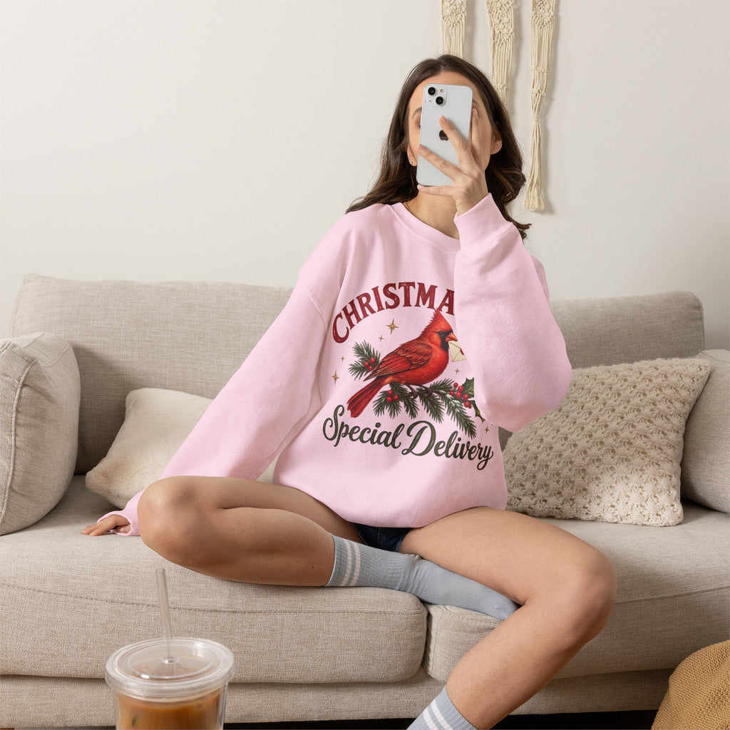 Wicked Thread Society light pink crewneck sweatshirt featuring a cardinal Christmas post graphic, worn by a woman.