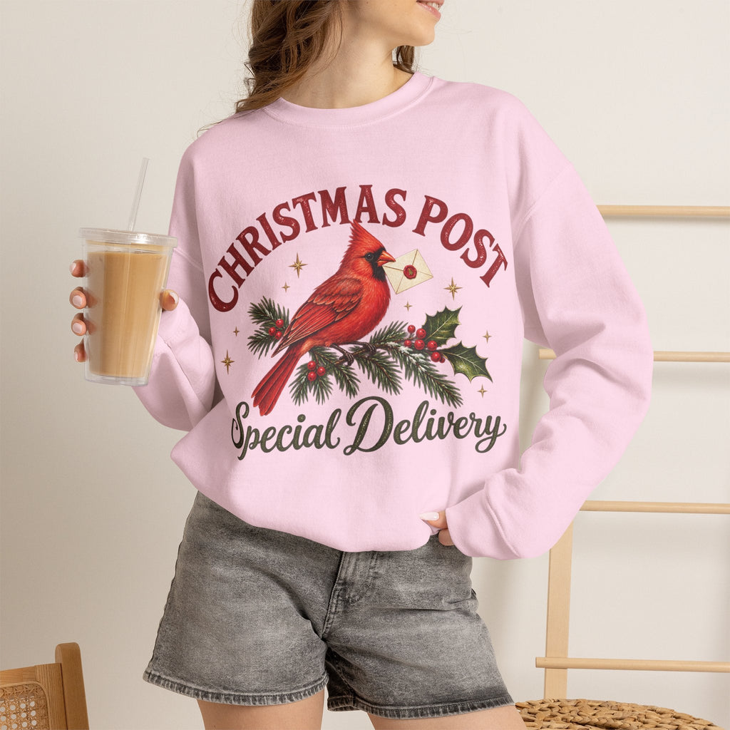 Wicked Thread Society light pink crewneck sweatshirt featuring a cardinal bird and Christmas Post graphic print.