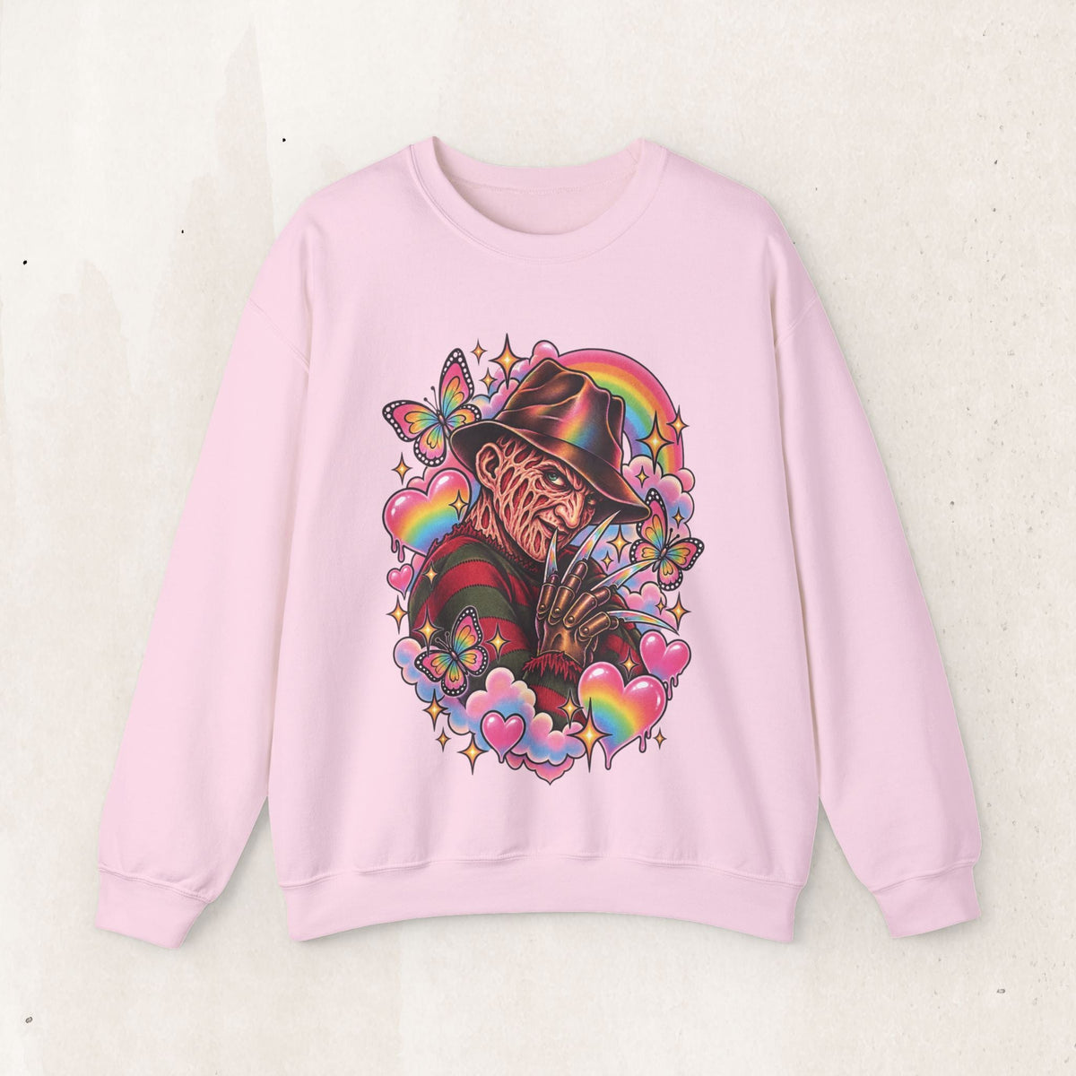 Freddy Krueger Rainbow Crewneck Sweatshirt – Light Pink