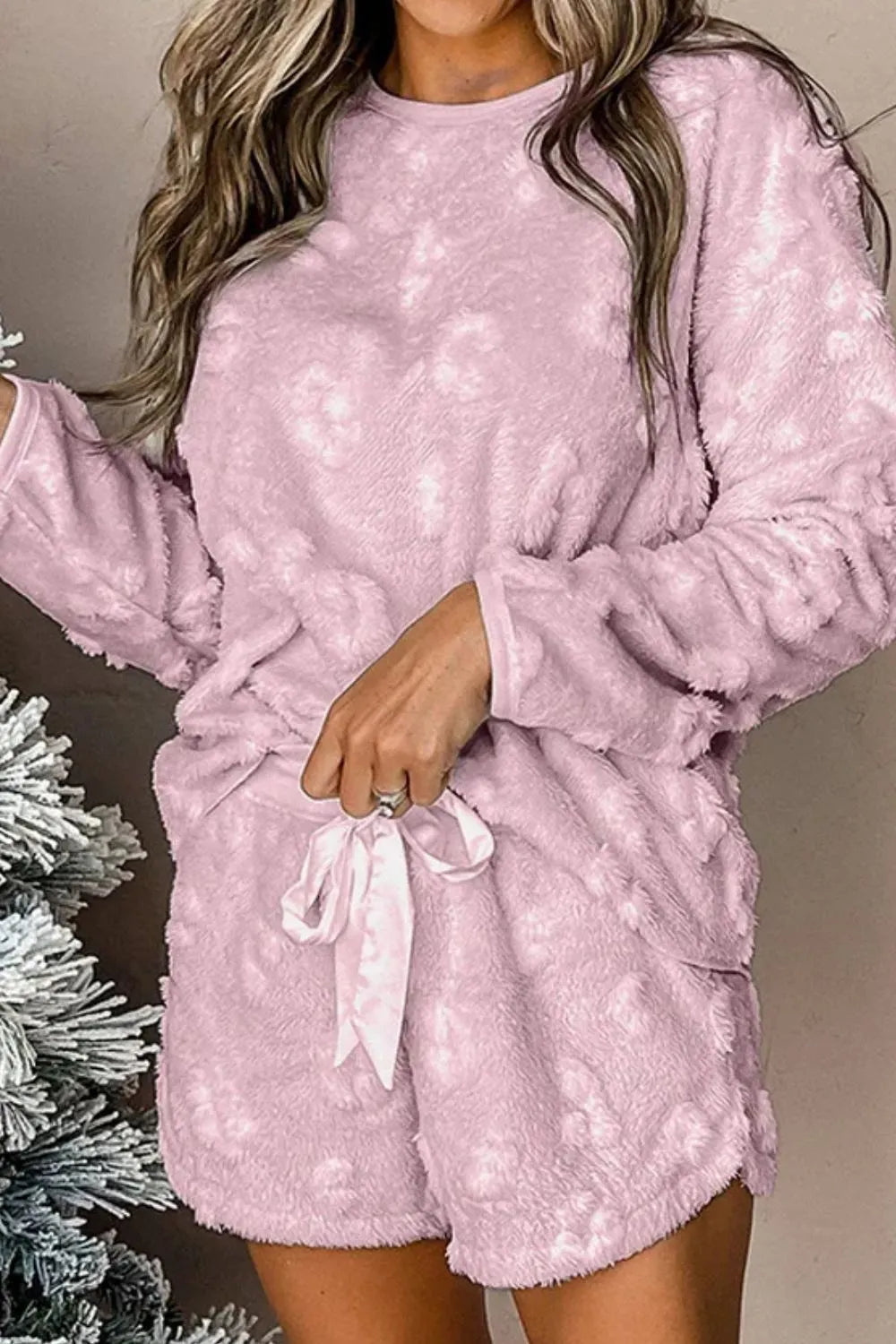 Wicked Thread Society light pink fuzzy long sleeve lounge set with round neck top and drawstring shorts