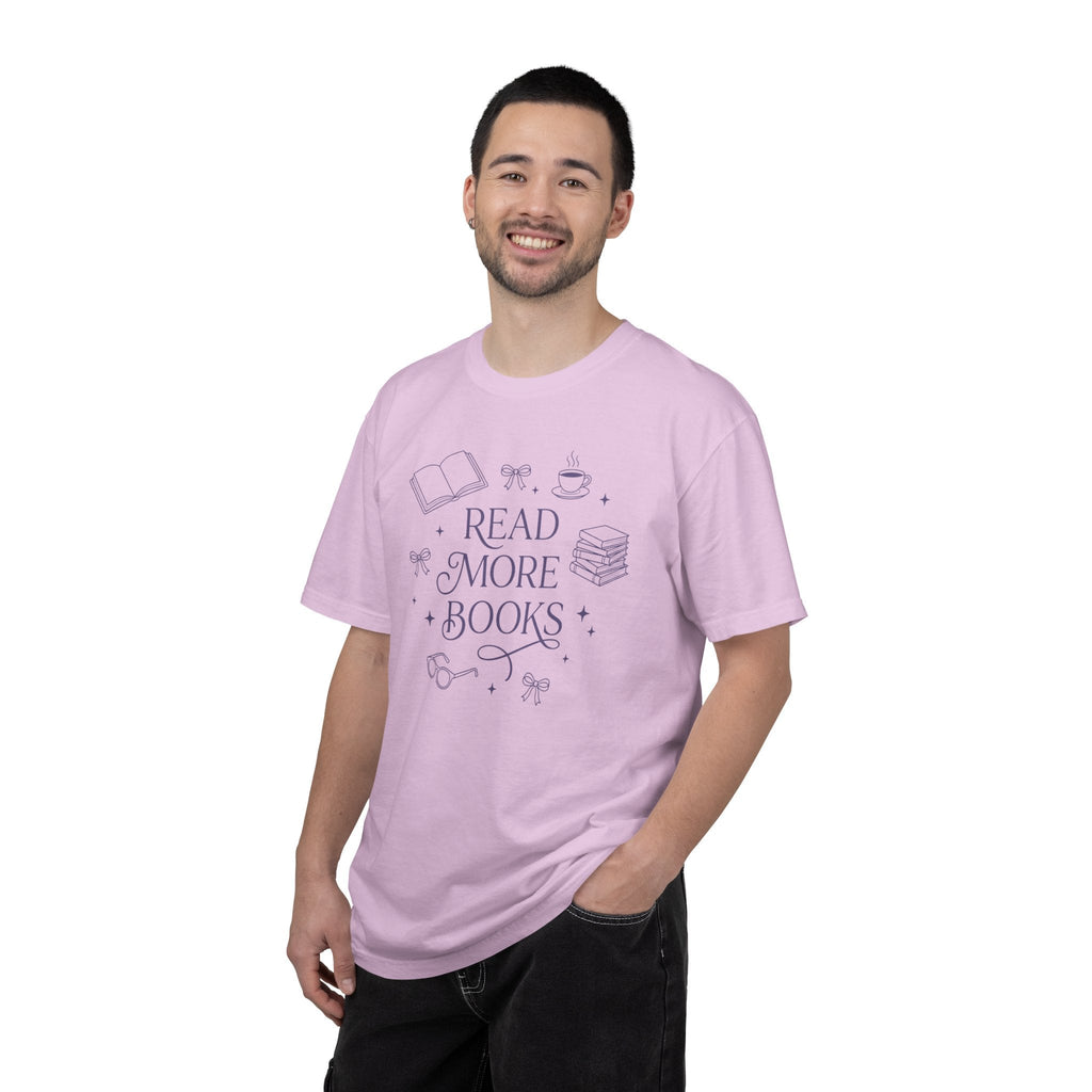 Wicked Thread Society light pink relaxed fit cotton graphic tee with Read More Books illustration on a smiling man