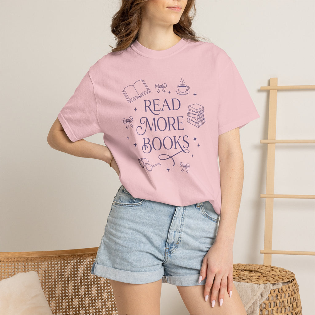 Wicked Thread Society pink cotton graphic tee featuring a Read More Books illustration with a book, cup, and bows.