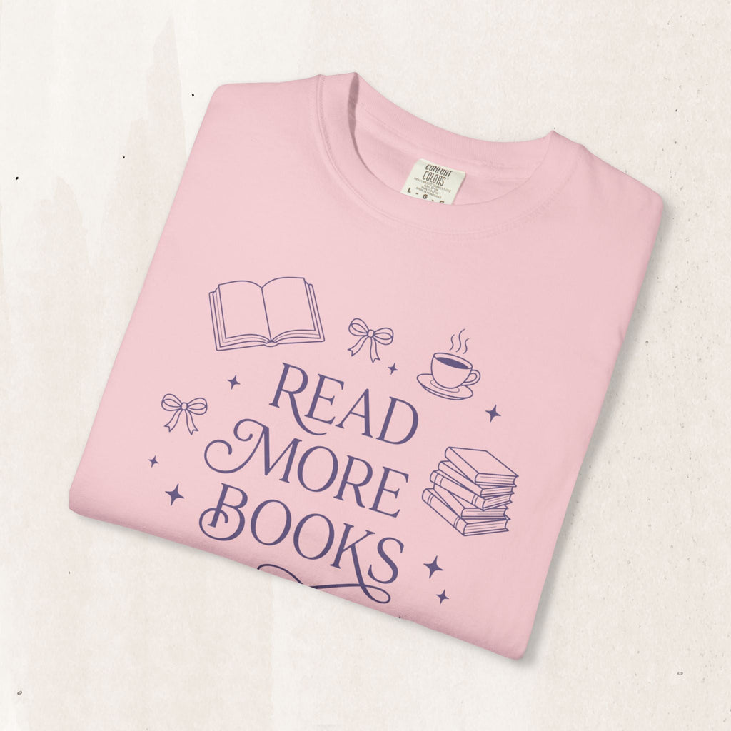 Wicked Thread Society light pink cotton graphic tee featuring a Read More Books illustration with a book and coffee.