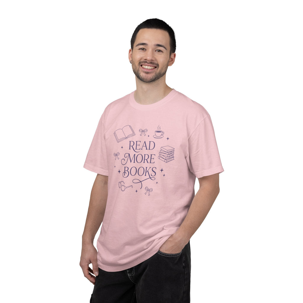 Wicked Thread Society light pink relaxed fit cotton t-shirt with Read More Books graphic print on a smiling man