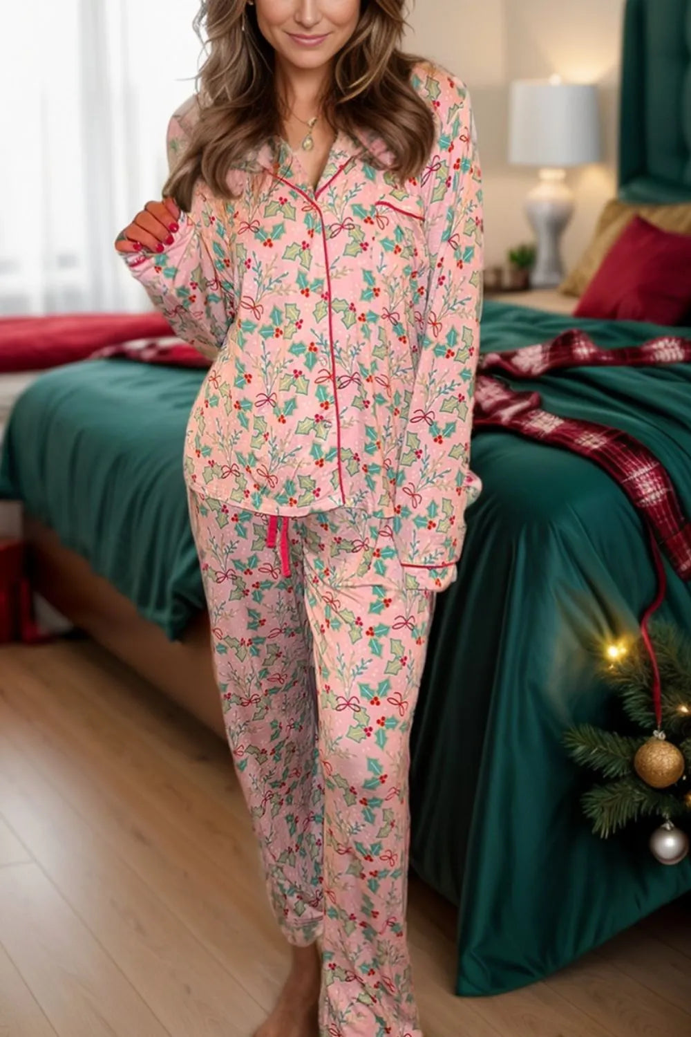 Wicked Thread Society pink lounge set with holly and ribbon print, featuring a collared long sleeve top and pants.
