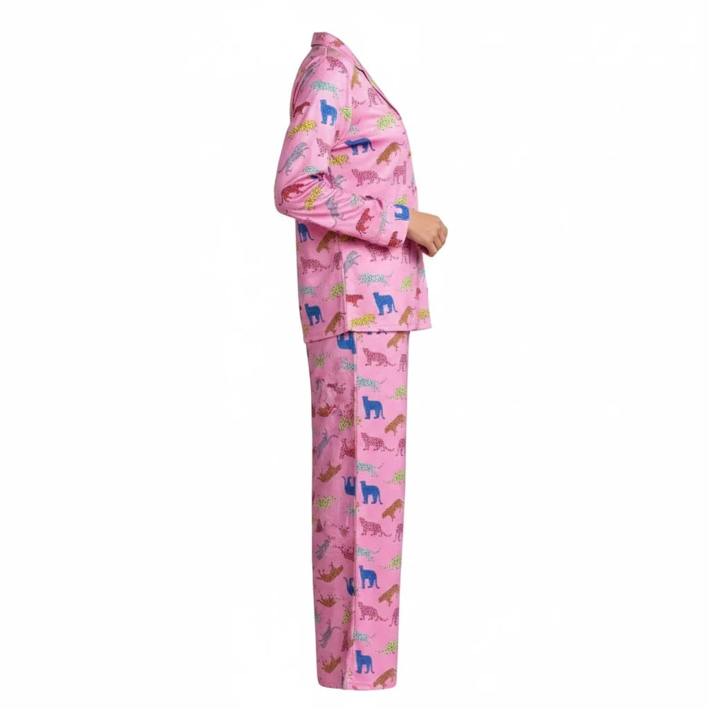 Wicked Thread Society pink two-piece lounge set with long sleeves, pants, and a colorful leopard print pattern