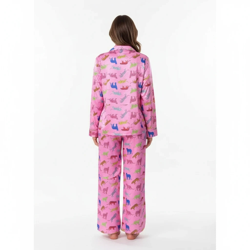Wicked Thread Society pink two-piece lounge set with colorful leopard print, long sleeves, and wide-leg pants.