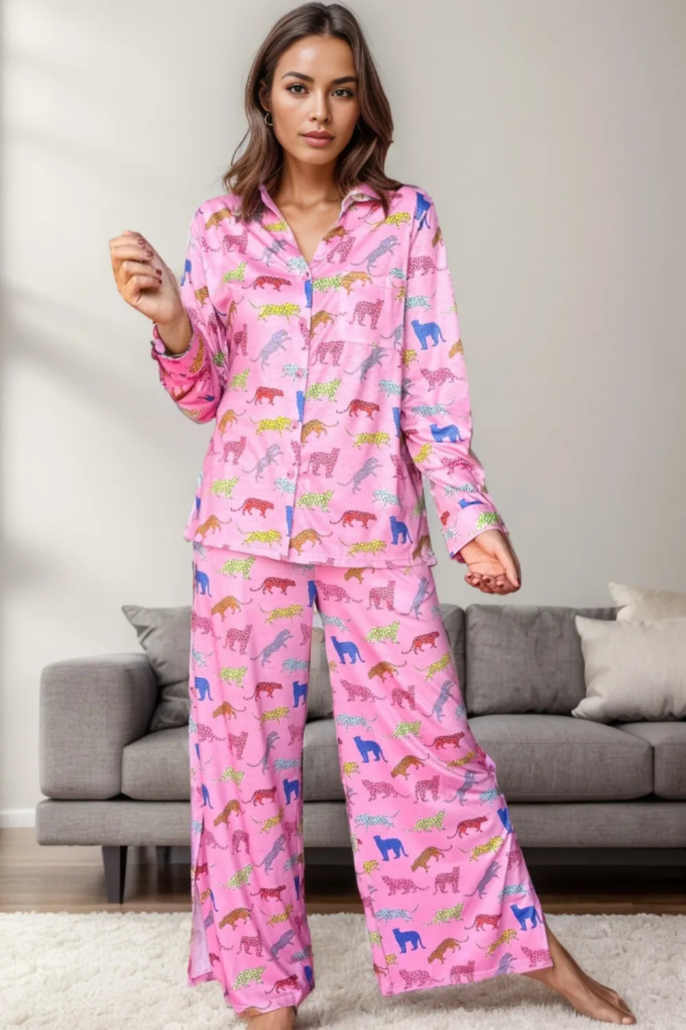 Wicked Thread Society pink two-piece lounge set with a colorful leopard print pattern, button-down top, and pants.