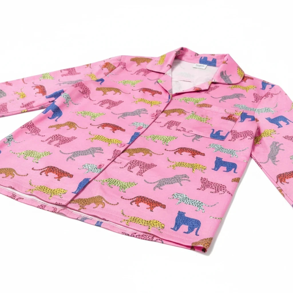 Wicked Thread Society pink pajama top with colourful leopard print pattern, featuring a collared button-down design.