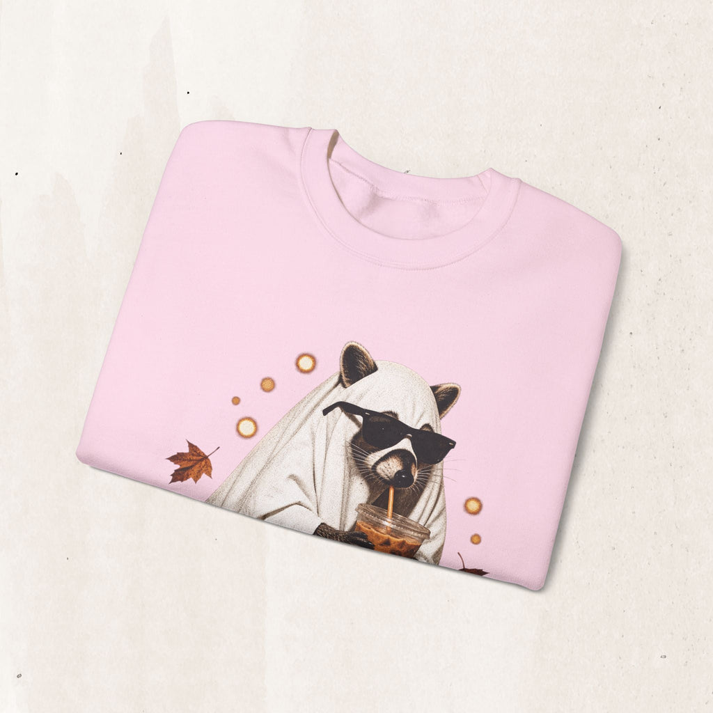 Wicked Thread Society light pink crewneck sweatshirt featuring a raccoon in a ghost costume drinking boba tea.