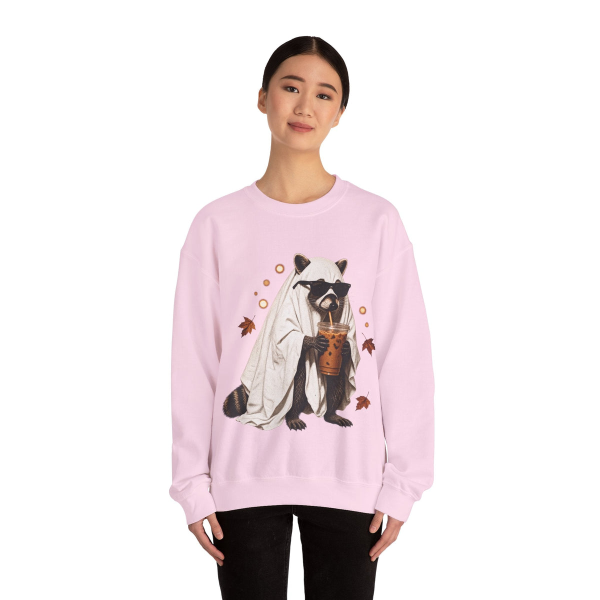 Wicked Thread Society light pink crewneck sweatshirt featuring a raccoon in a ghost costume holding a boba tea.