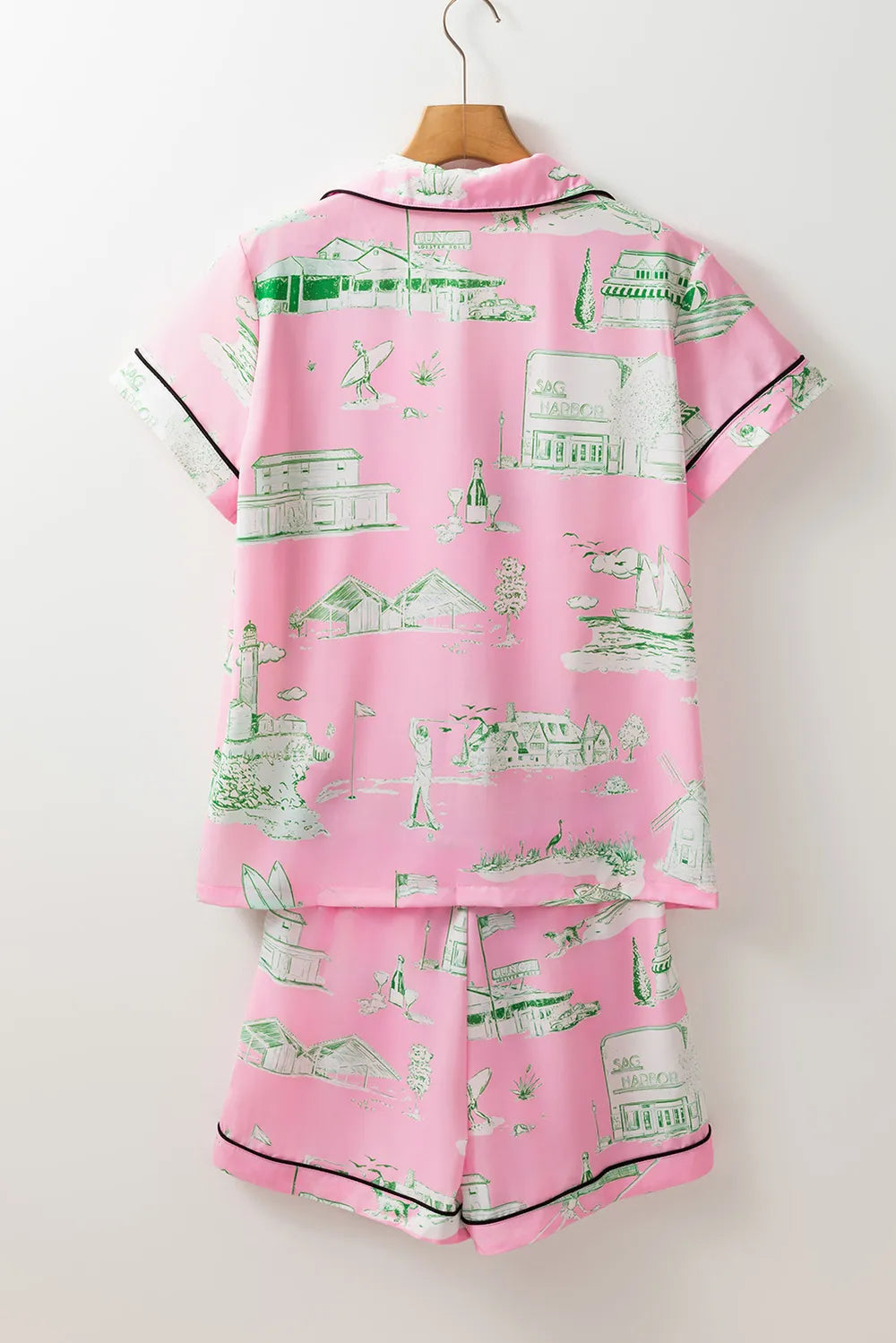 Wicked Thread Society pink lounge set with green scenic print, collared button-down top, and drawstring shorts.