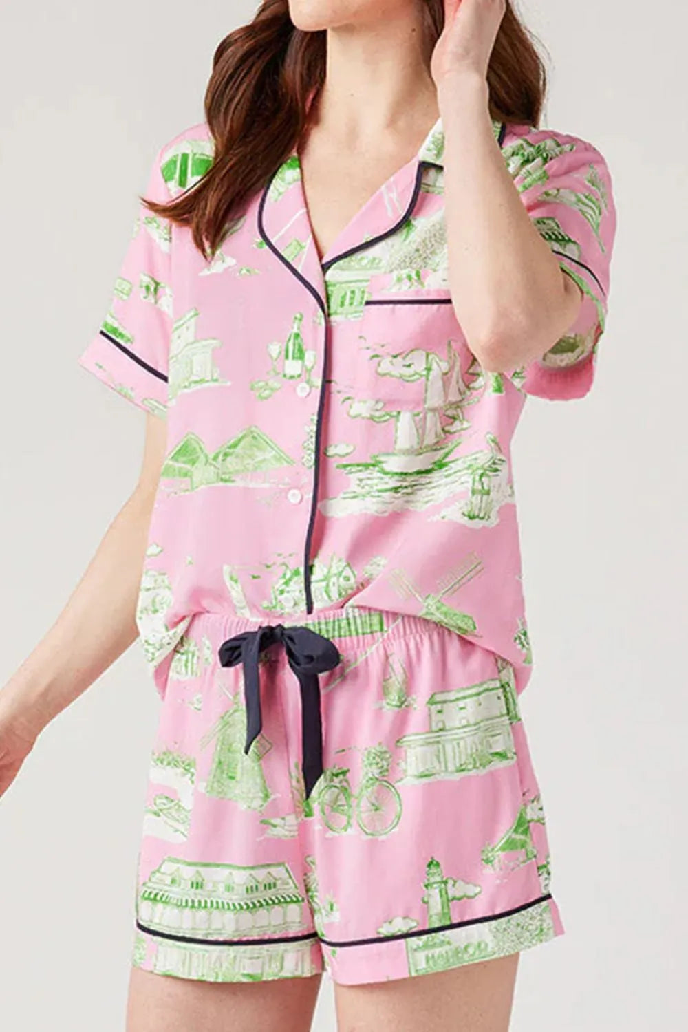 Wicked Thread Society pink lounge set with green scenic print, collared button-down top, and drawstring shorts.