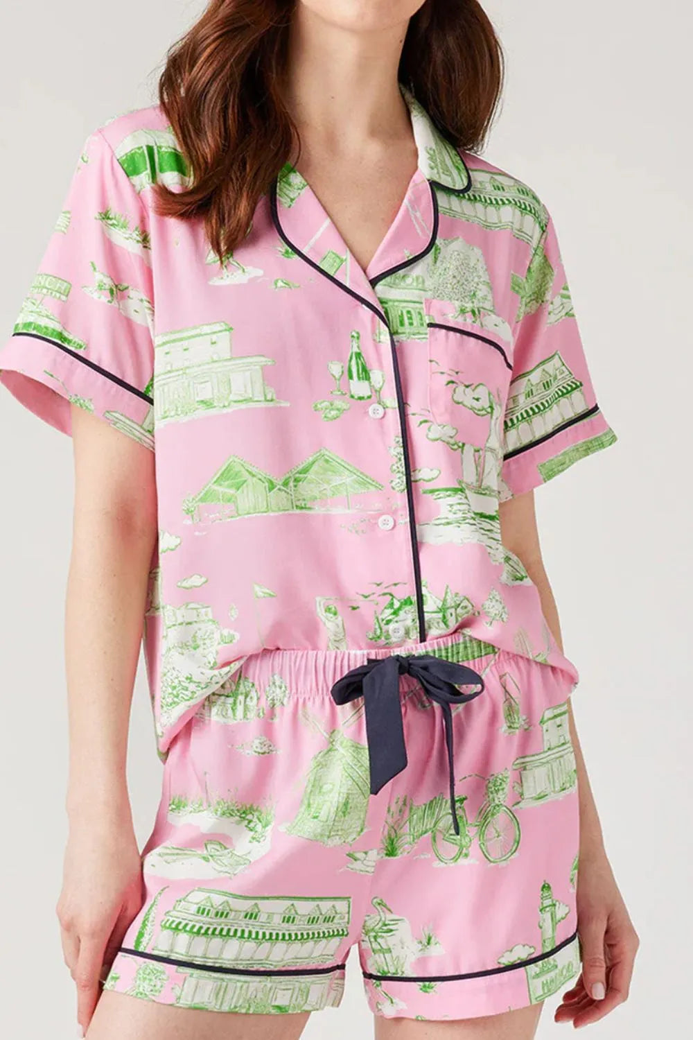 Wicked Thread Society pink lounge set with green scenic print, collared button-down top, and drawstring shorts.
