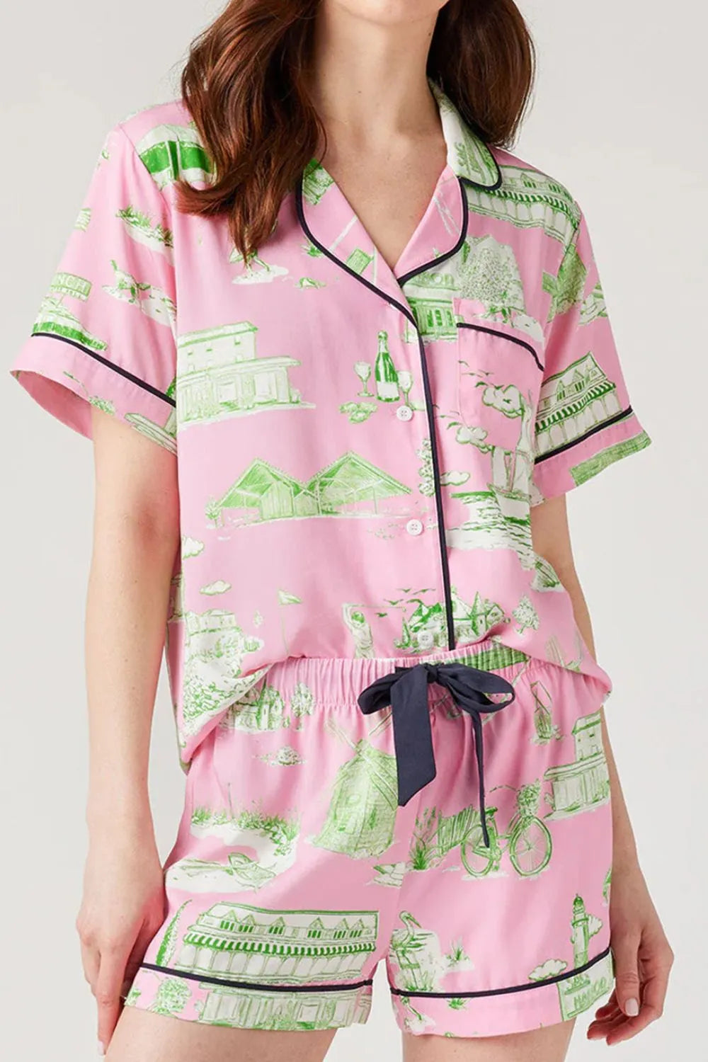 Wicked Thread Society pink lounge set with green scenic print, collared button-down top, and drawstring shorts.