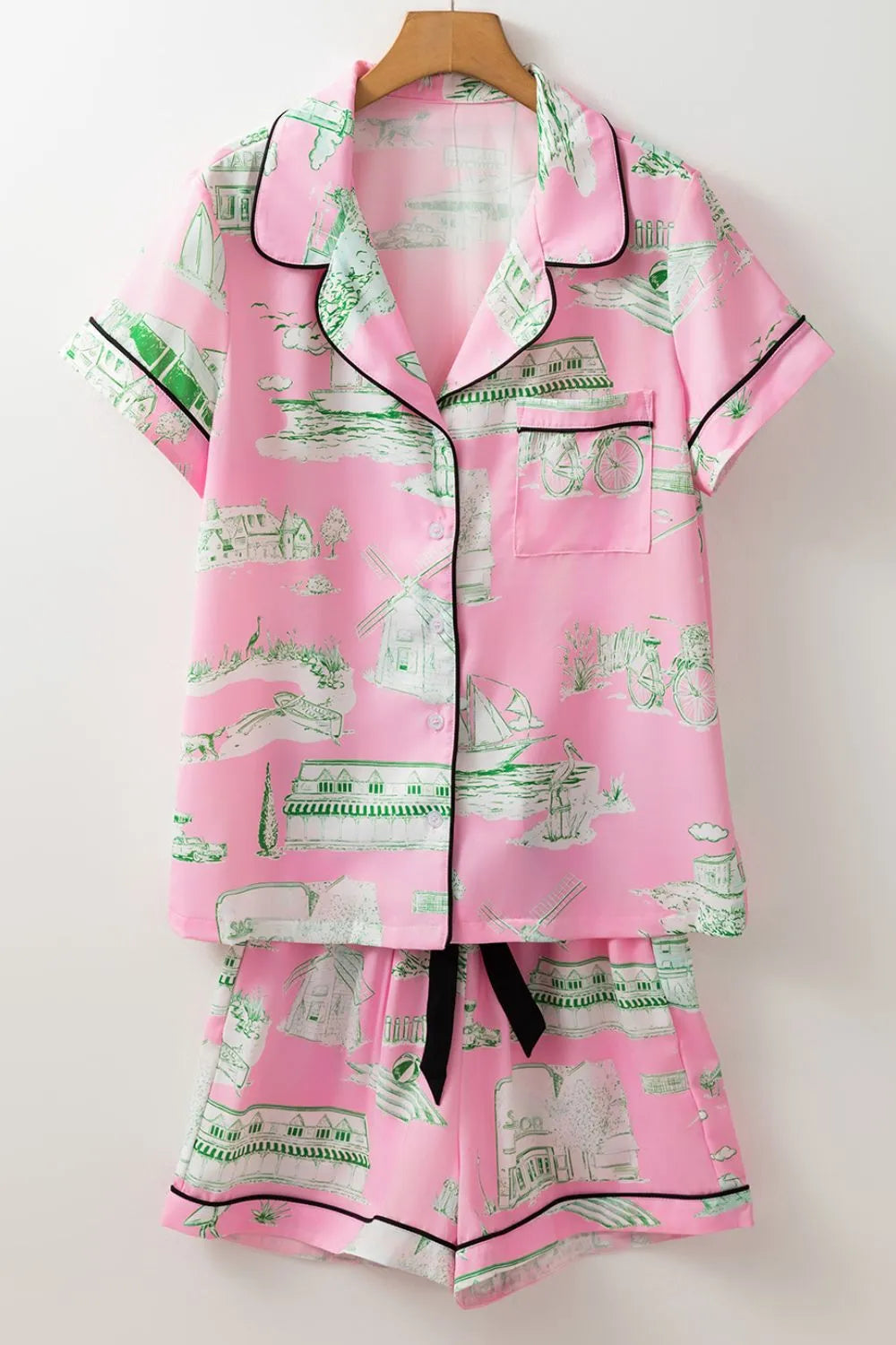 Wicked Thread Society pink lounge set with green scenic print, collared button-down top, and drawstring shorts.