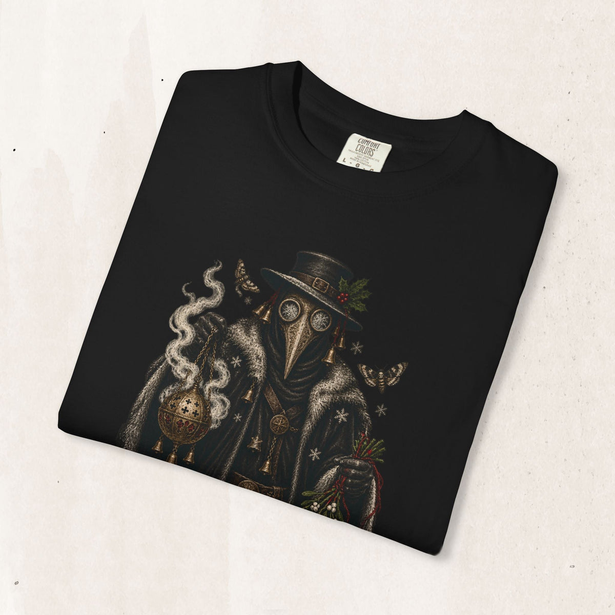 Wicked Thread Society black heavyweight cotton t-shirt featuring a detailed plague doctor Christmas illustration.