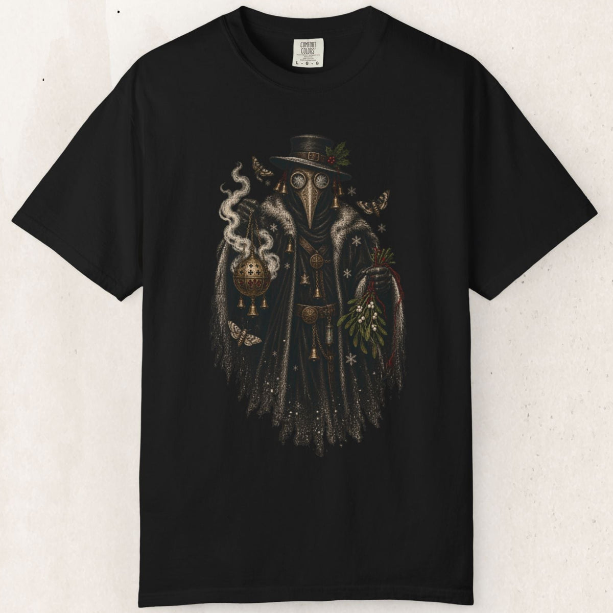 Wicked Thread Society black heavyweight cotton t-shirt featuring a detailed plague doctor graphic with a lantern.