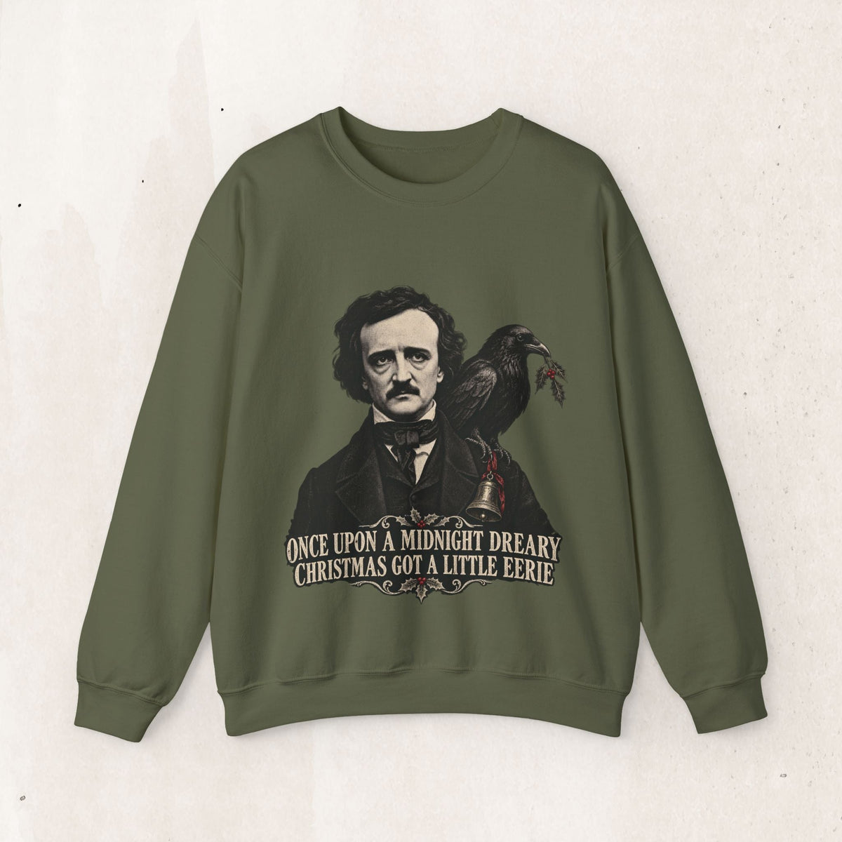 Wicked Thread Society olive green crewneck sweatshirt featuring an Edgar Allan Poe and raven Christmas illustration.