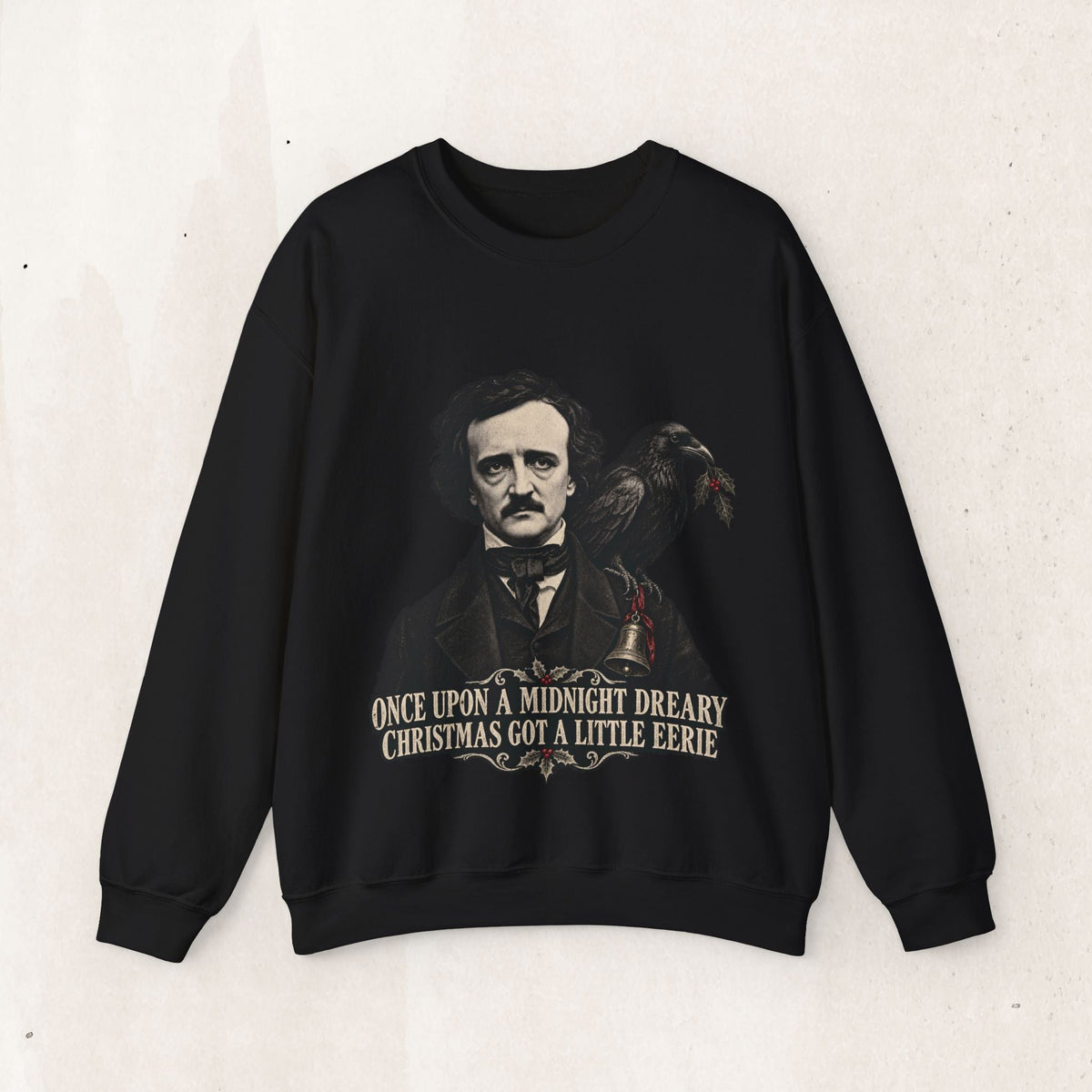Wicked Thread Society black crewneck sweatshirt featuring an Edgar Allan Poe illustration with a raven and bell.