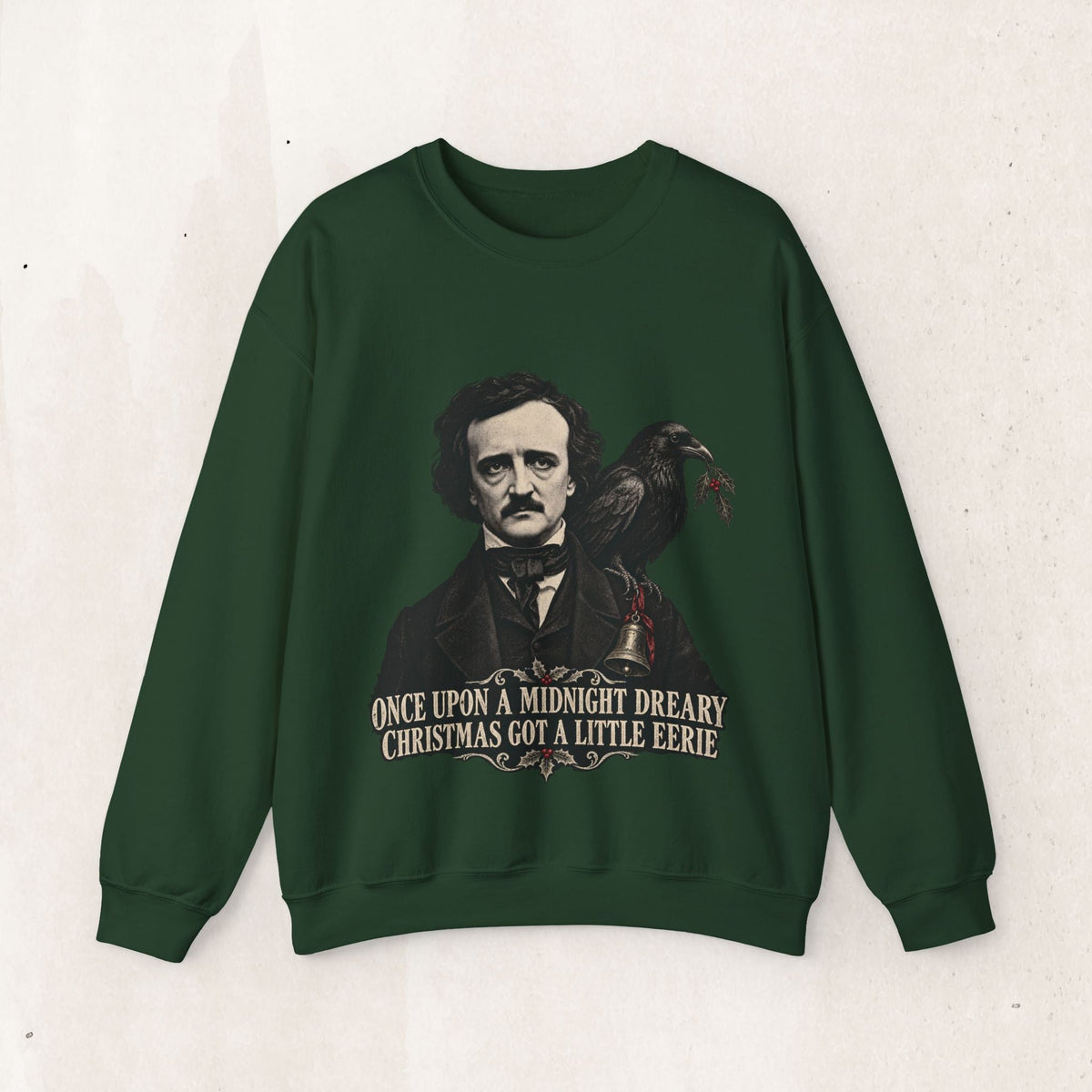 Wicked Thread Society dark green crewneck sweatshirt featuring an Edgar Allan Poe and raven Christmas illustration.