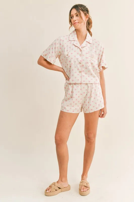 Wicked Thread Society polka dot collar crop top and shorts lounge set worn by a model with braided slide sandals.