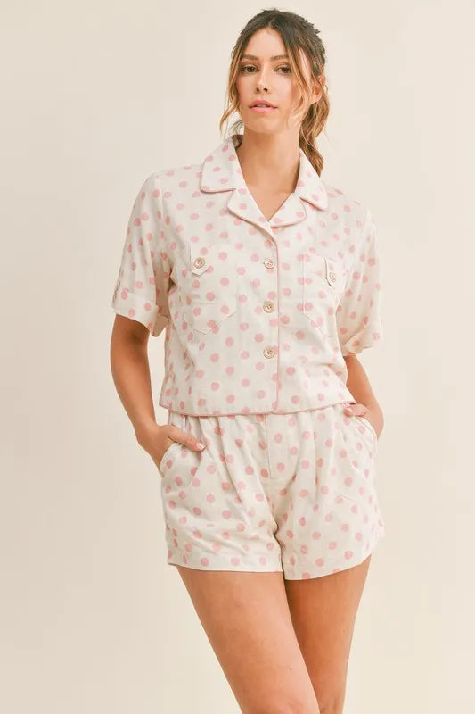 Wicked Thread Society polka dot crop top and shorts lounge set in cream and pink viscose linen blend