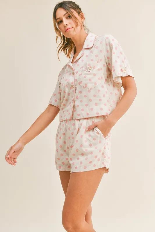 Wicked Thread Society polka dot crop top and shorts lounge set in cream and pink viscose linen blend