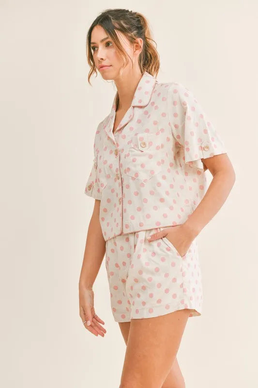 Wicked Thread Society polka dot crop top and shorts lounge set in cream and pink with a collared button-up design.