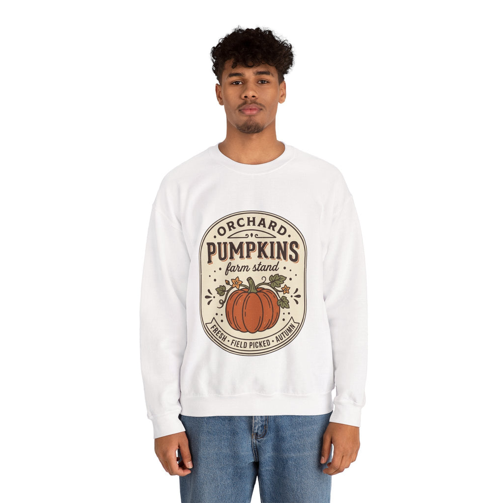 Wicked Thread Society white crewneck sweatshirt featuring a vintage pumpkin farmstand graphic on a male model