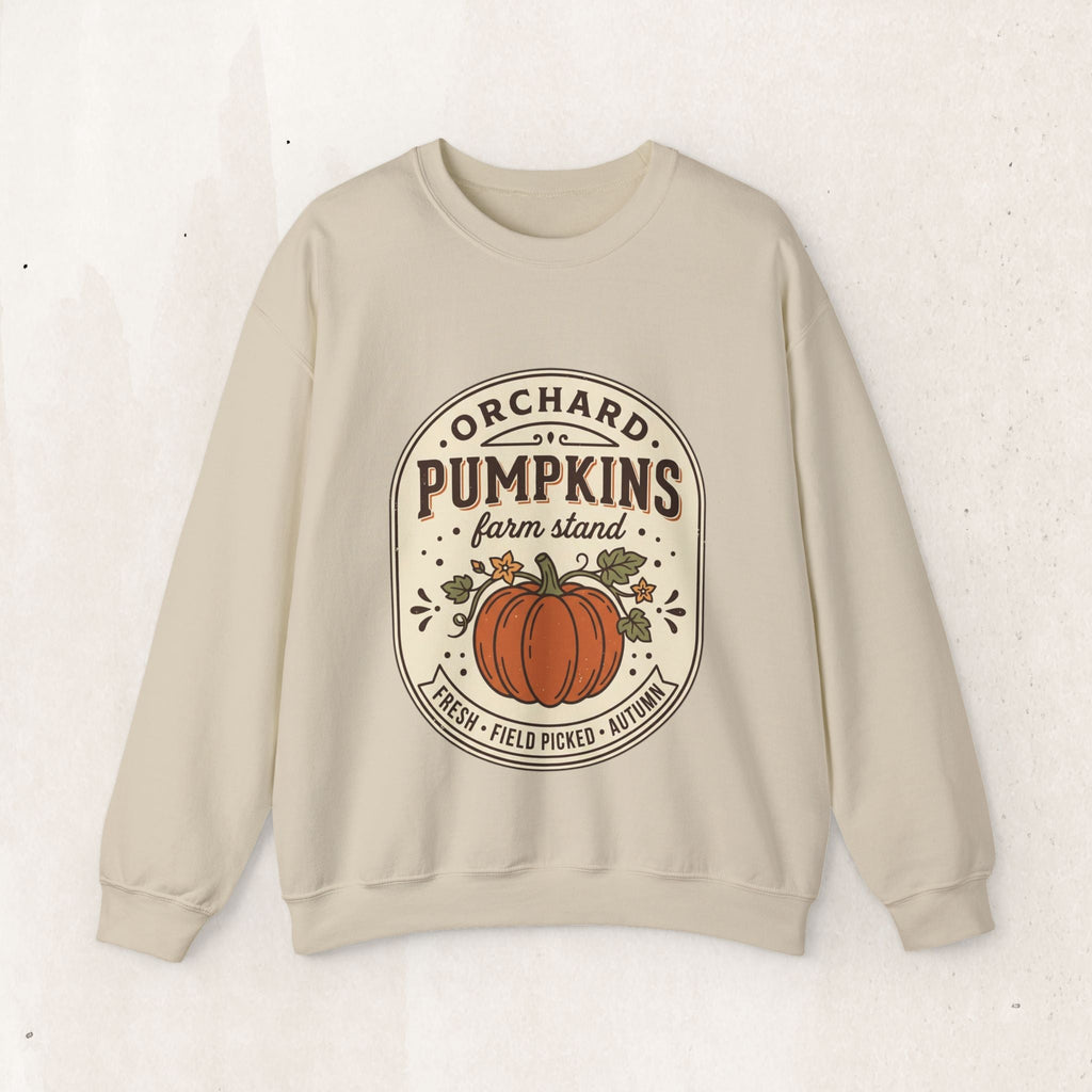 Wicked Thread Society beige crewneck sweatshirt featuring a vintage-style pumpkin farmstand graphic print.