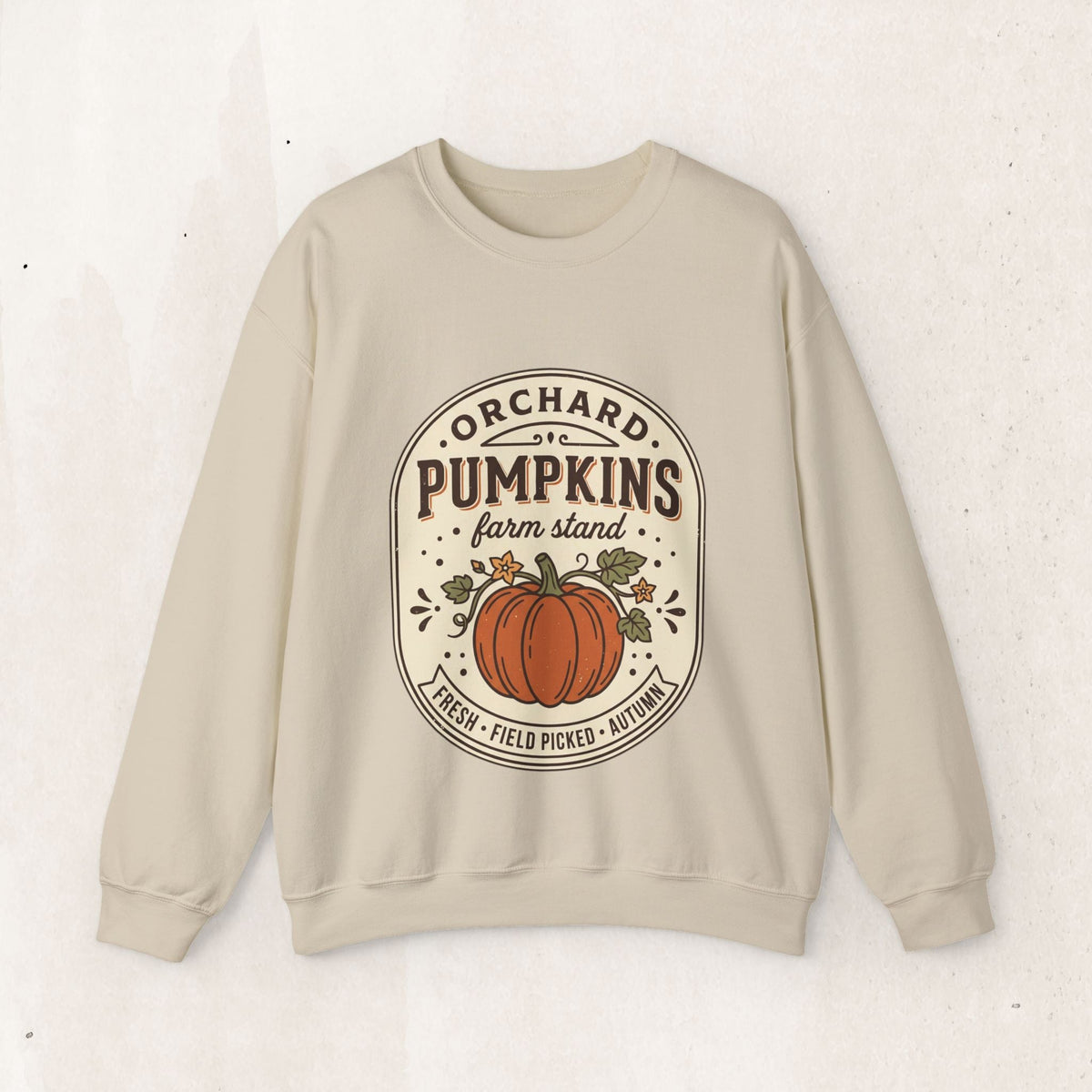 Wicked Thread Society beige crewneck sweatshirt featuring a vintage-style pumpkin farmstand graphic print.