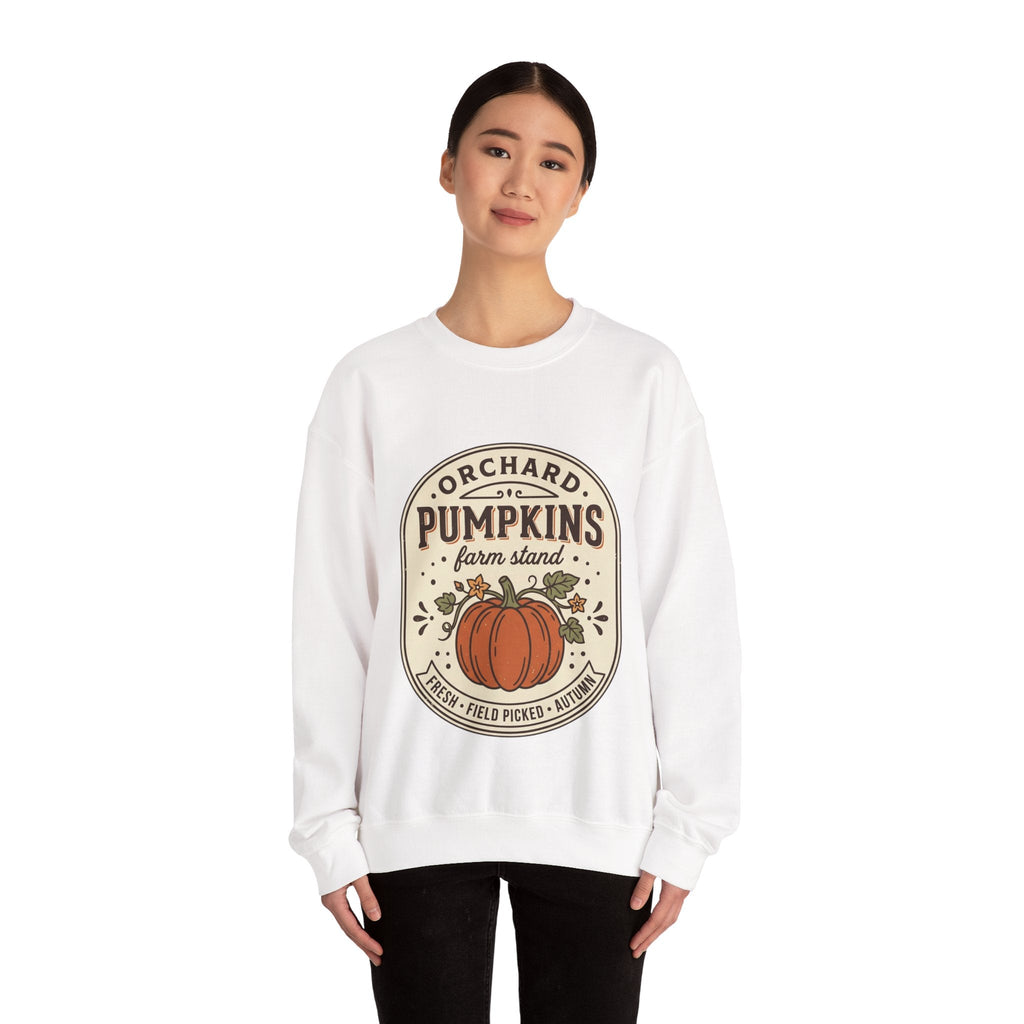 Wicked Thread Society white crewneck sweatshirt featuring a vintage pumpkin farmstand graphic on a model