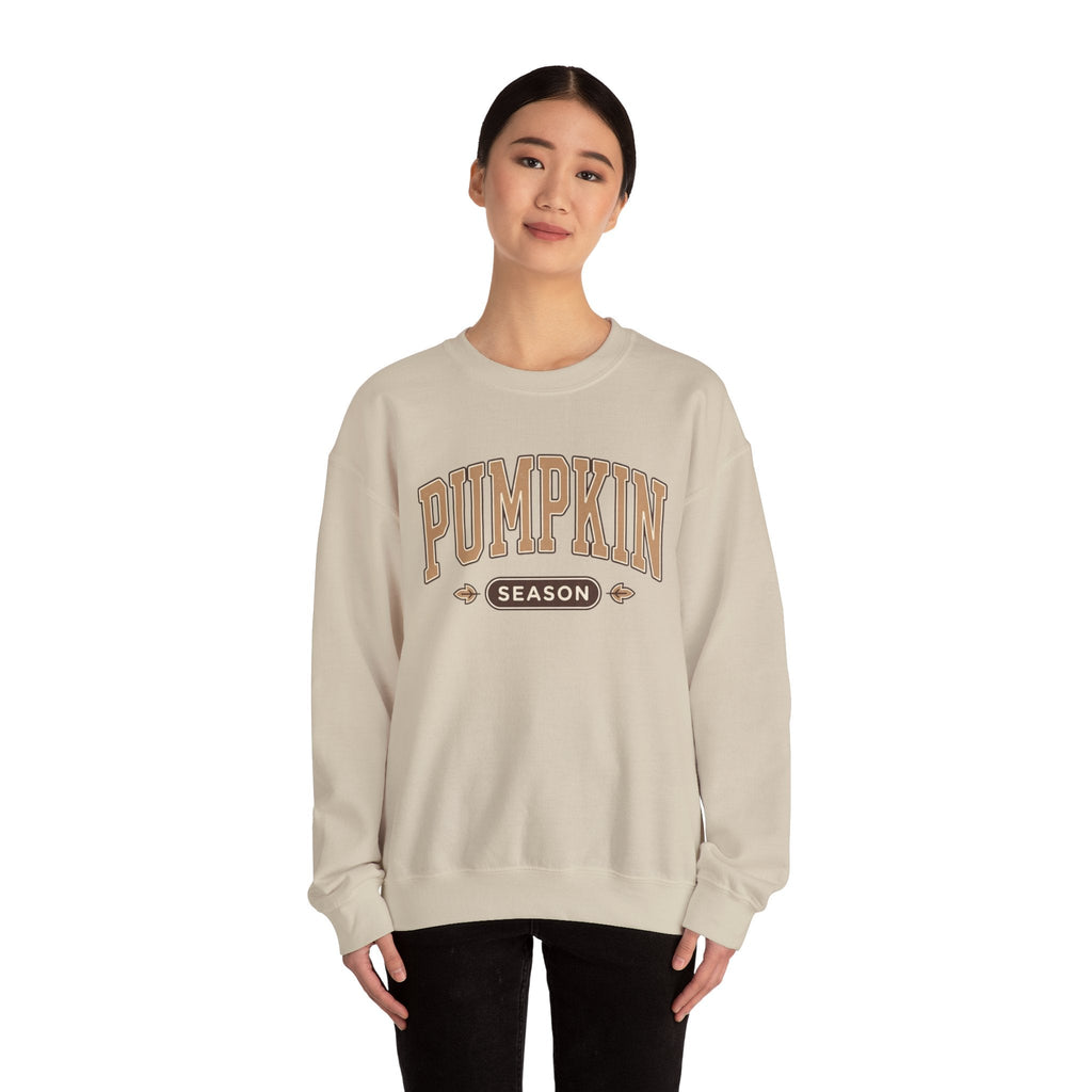 Wicked Thread Society beige crewneck sweatshirt with vintage-inspired Pumpkin Season graphic worn by a woman