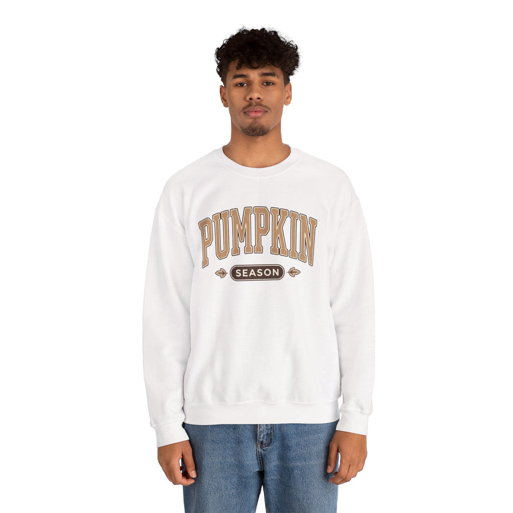 Wicked Thread Society white crewneck sweatshirt with vintage-style brown Pumpkin Season graphic on a male model