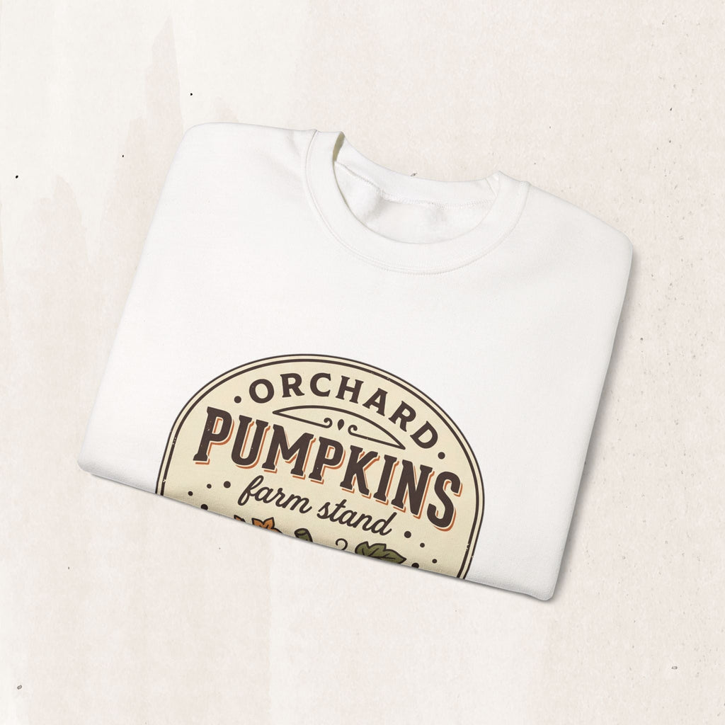 Wicked Thread Society white crewneck sweatshirt with a vintage-inspired pumpkin farmstand graphic print.